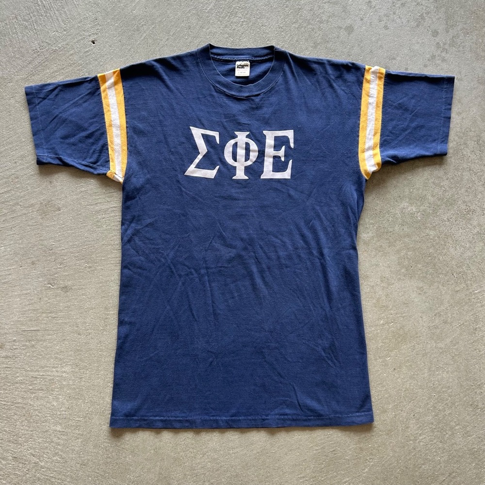 Vintage 70s Sigma Phi Epsilon Shirt Size Large Navy Blue Frat College Fraternity